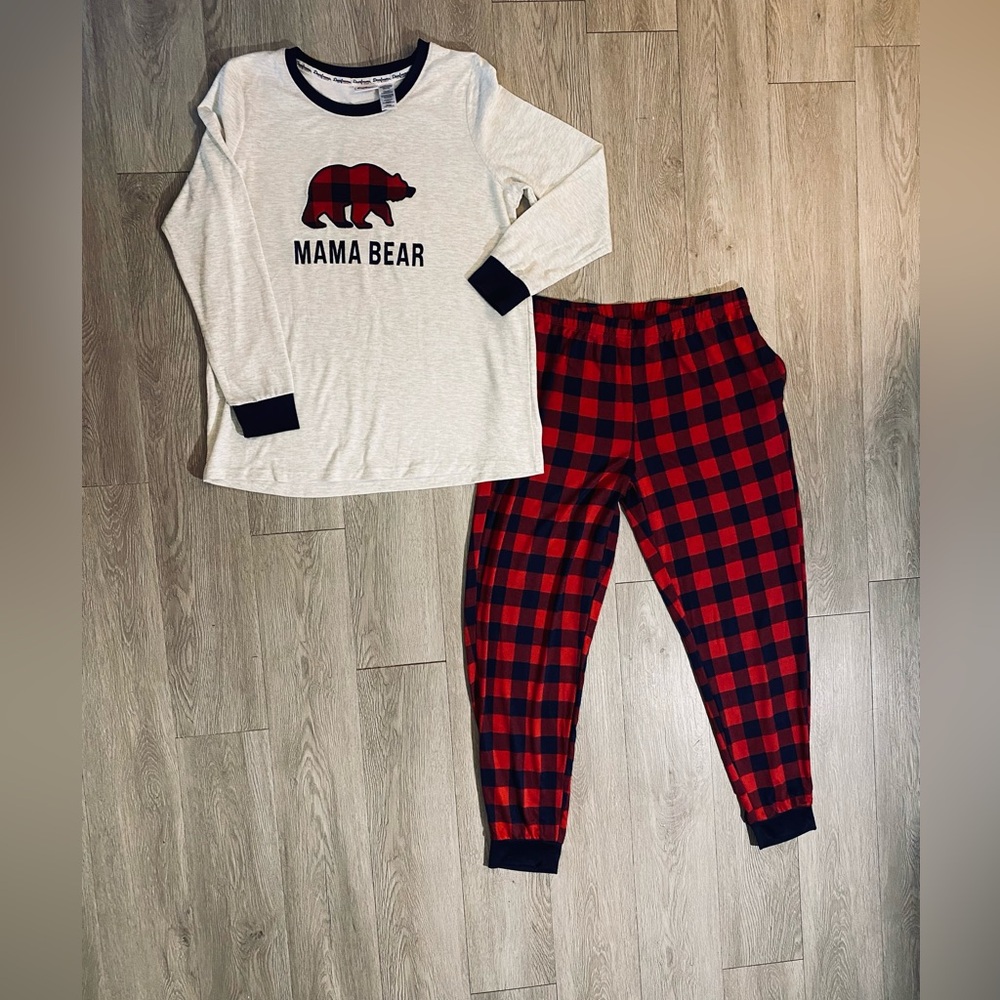 NWT Dearfoams Mama Bear Pajama Set Long Sleeve W/ Pants Buffalo Plaid Large